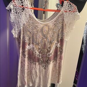 Harley-Davidson Cream White Color and Gold Lace Sleeve Women's Tee